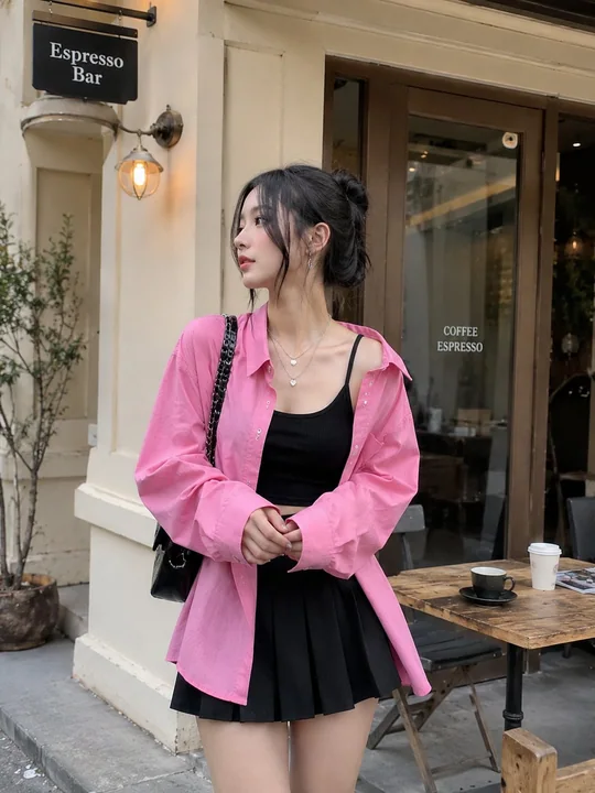 简约咖啡馆外的粉色衬衫时尚少女
