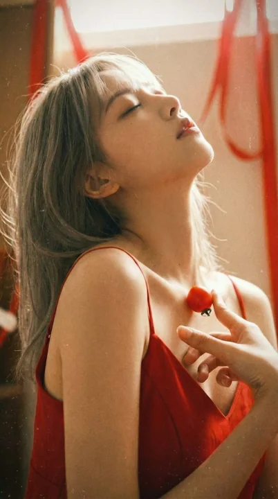 Cadrage serré d'une robe rouge en esthétique japonaise contre-jour