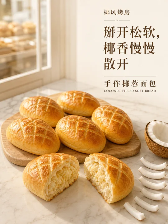 椰风烤房手作椰蓉面包温润午后海报