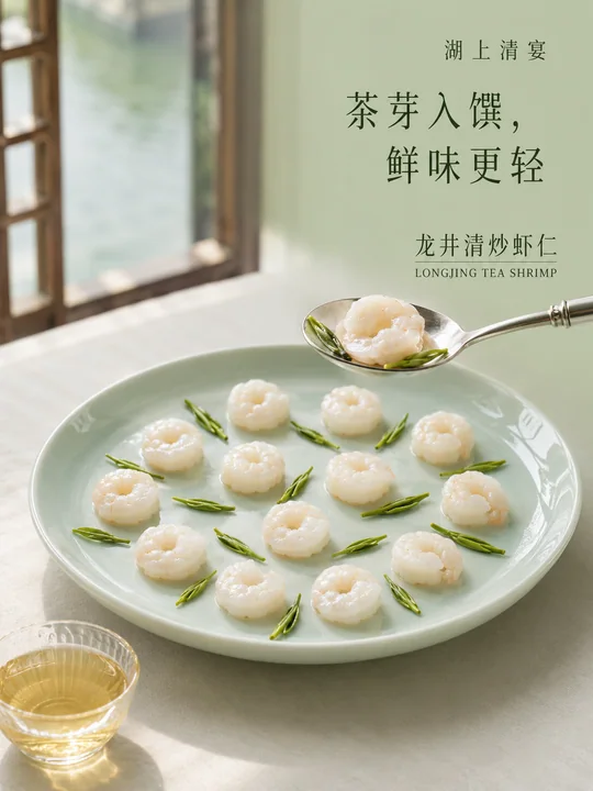 湖上清宴龙井虾仁江南春日餐饮海报