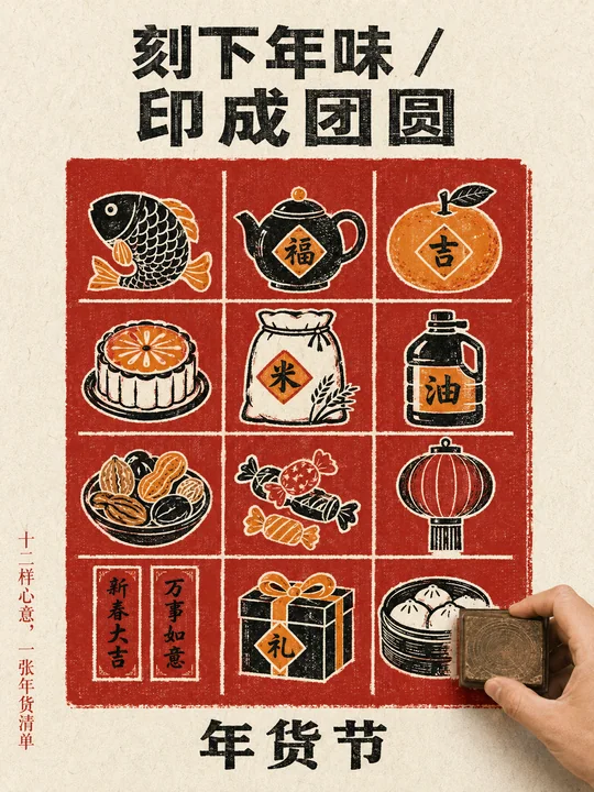 手作木刻套色年货清单海报