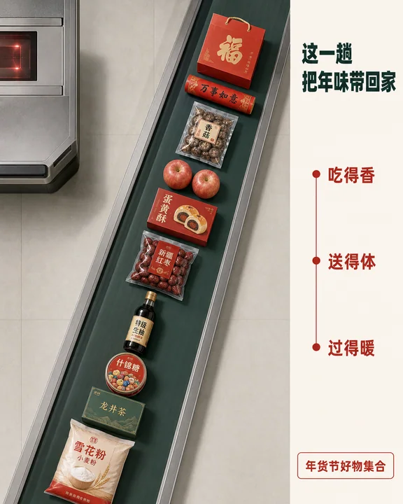 超市传送带年货节创意路径海报