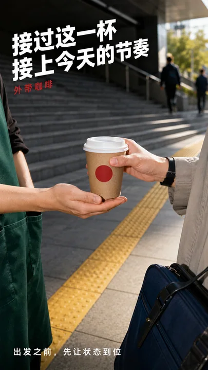 清晨地铁站外的咖啡交接瞬间