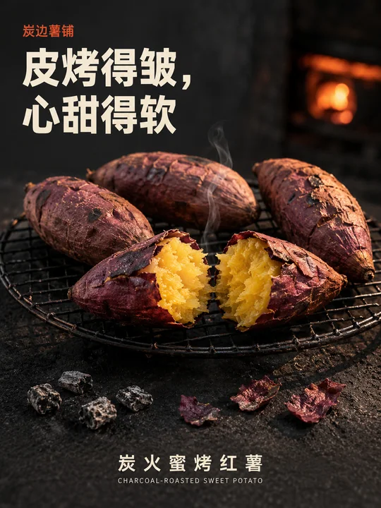 炭边薯铺冬日海报:焦香蜜心烤红薯