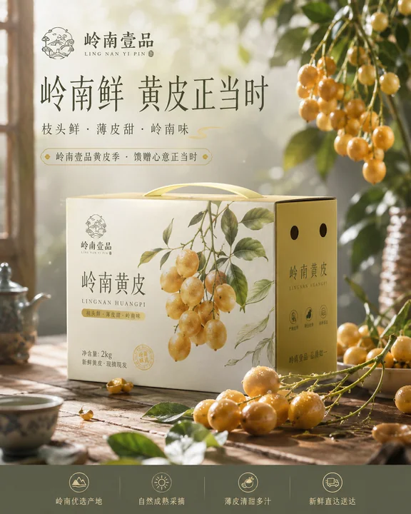 岭南清晨的黄皮鲜果礼盒品牌海报