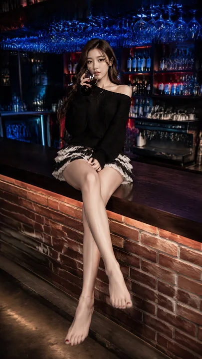 高档酒吧吧台侧坐的优雅亚裔美女