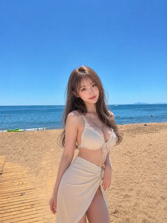 留有天空的海滩比基尼人像
