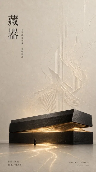 东方留白当代装置艺术海报设计提示词