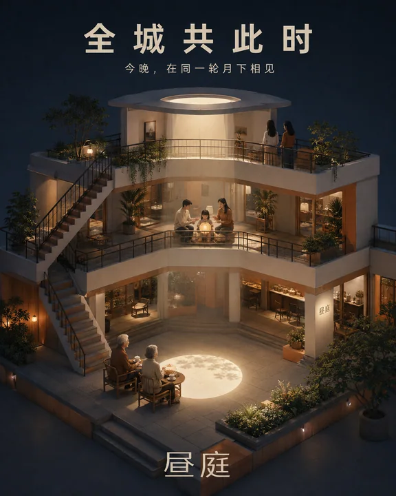 昼庭中秋城市商业空间等距微缩插画
