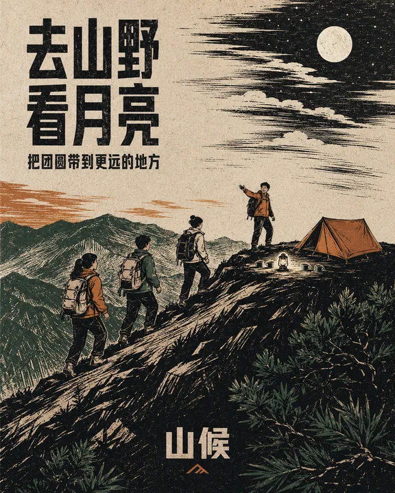 山候户外品牌中秋木刻版画插画