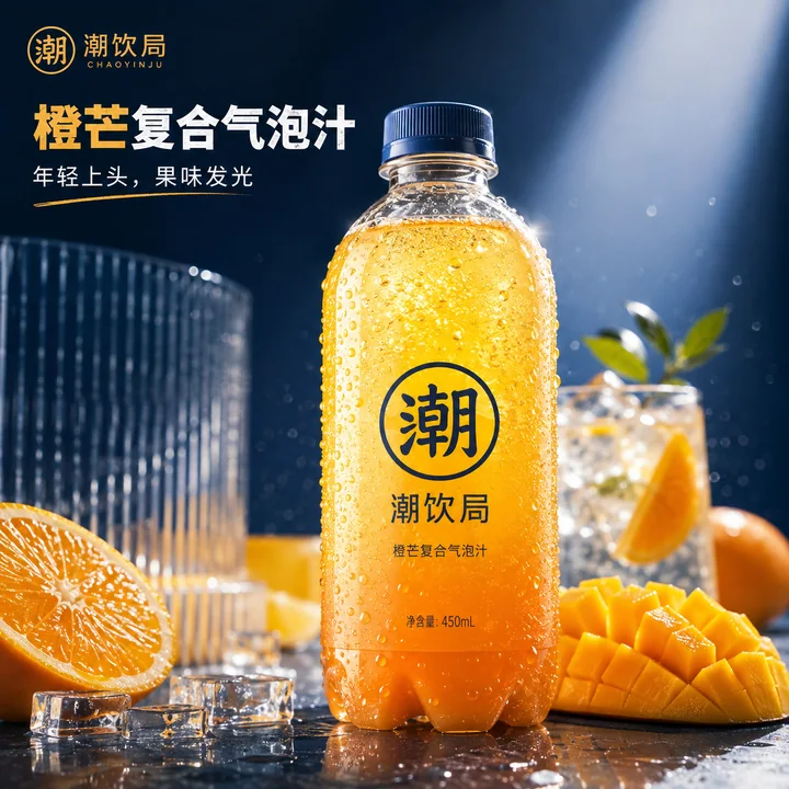 活力橙芒气泡水年轻化品牌社媒方形KV