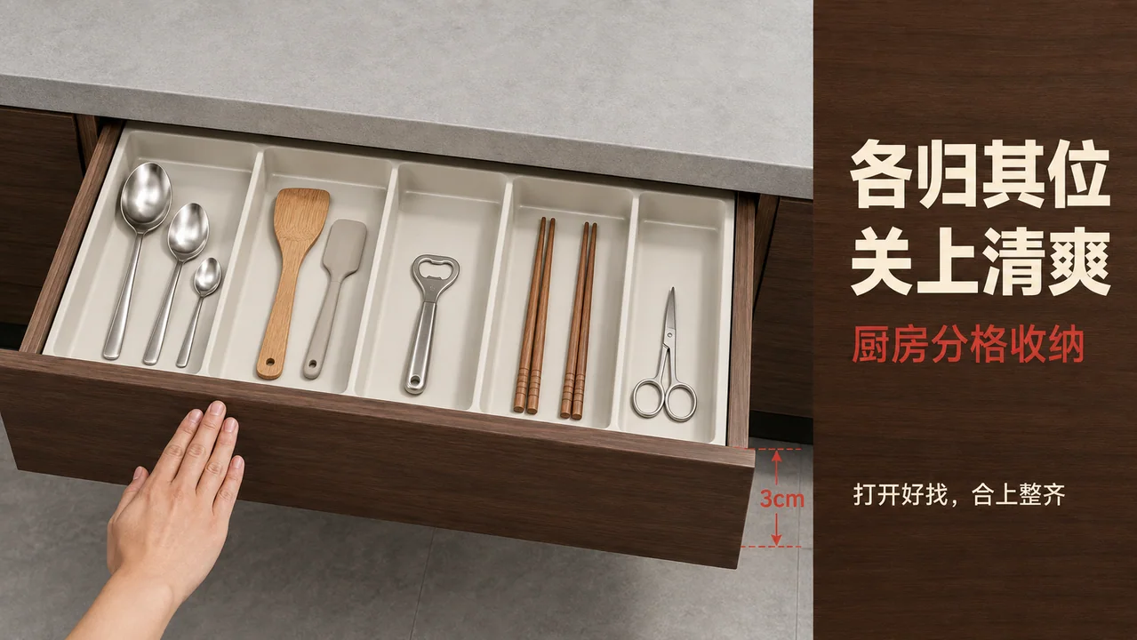 极简主义厨房抽屉收纳秩序美学海报