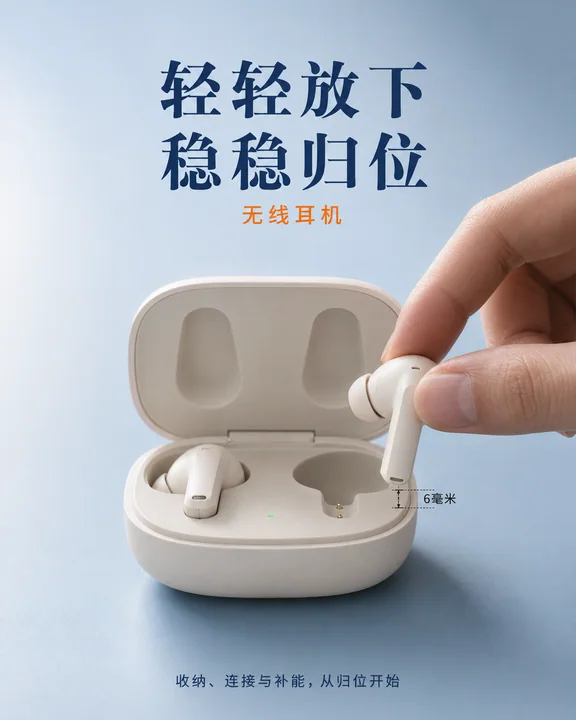雾蓝极简美学无线耳机商业摄影海报
