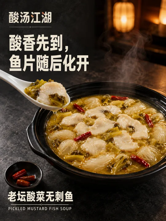 酸汤江湖：老坛酸菜无刺鱼极简食欲海报