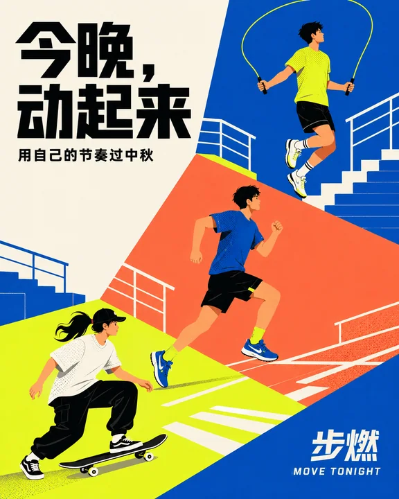 几何撞色步燃中秋动感运动海报