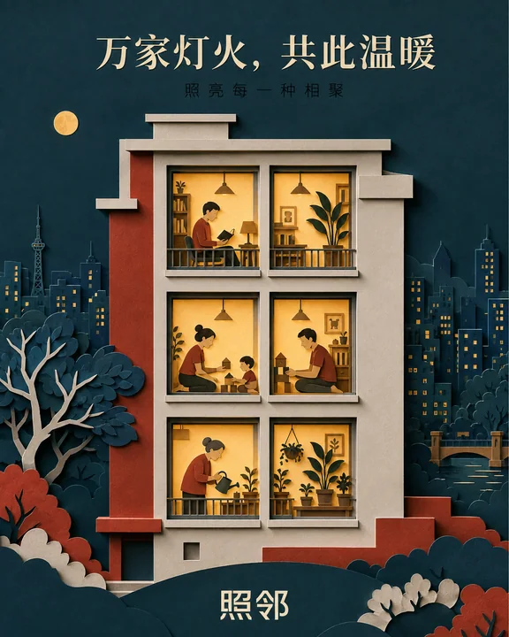 照邻品牌中秋当代剪纸万家灯火插画