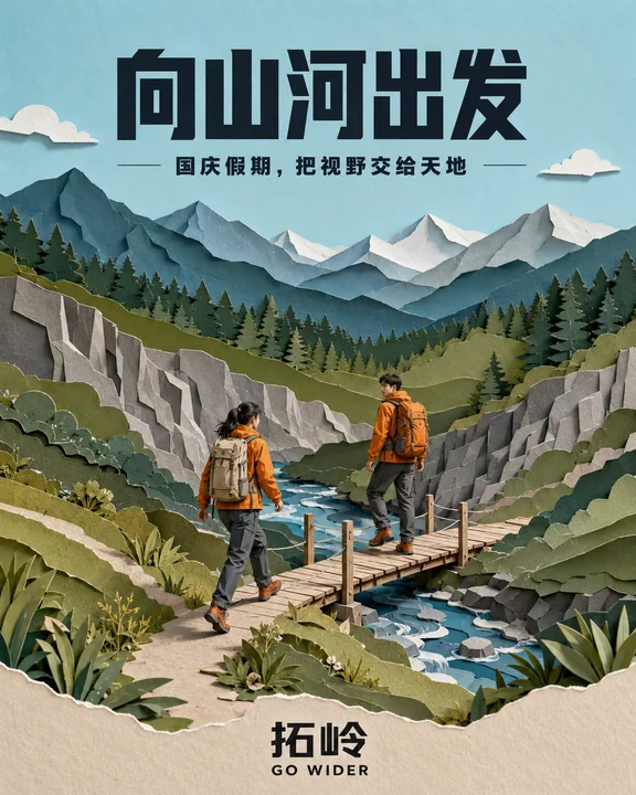 七层纸雕风格国庆户外远足插画