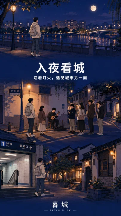 暮城夜色：三段式叙事城市漫步营销插画