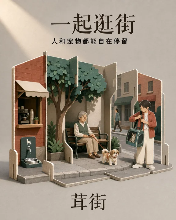 茸街宠物友好空间纸艺立体舞台商业插画