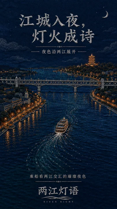 锦绣江城：两江灯语刺绣风夜航插画