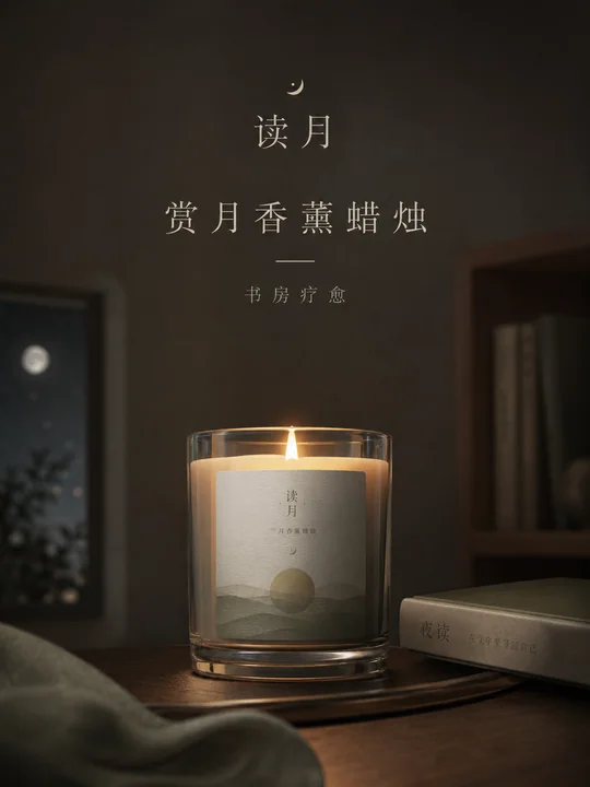 克制与疗愈的深夜书房赏月香薰蜡烛品牌海报