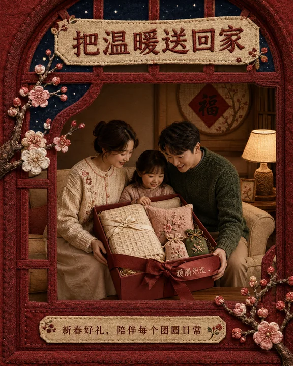 暖隅织造:刺绣风新春礼赠温馨插画
