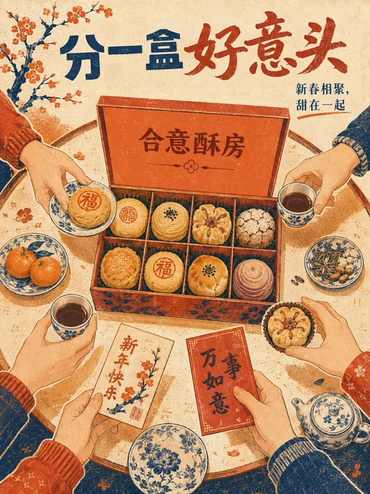 复古丝网版画风合意酥房新春团圆海报