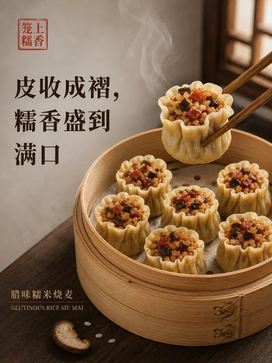 笼上糯香:腊味糯米烧麦中式美学海报