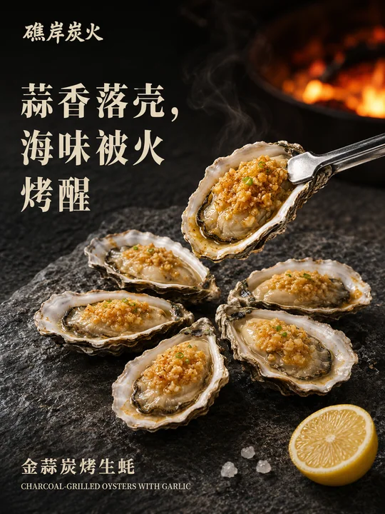 礁岸炭火金蒜炭烤生蚝商业海报