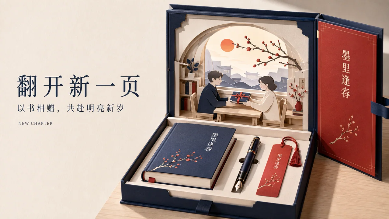 墨里逢春纸艺立体舞台书卷礼赠插画