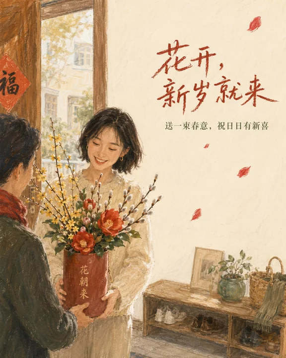 晨光入户花朝来:都市女性的新年花礼插画