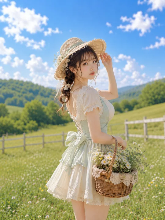 草原牧场运送白花的田园风少女