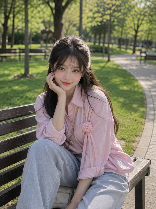 春日公园长椅上的东亚美女