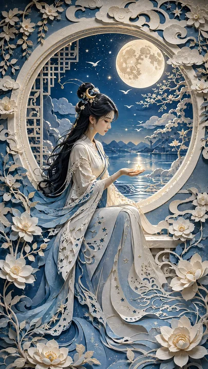 现代东方女性月夜立体纸雕艺术