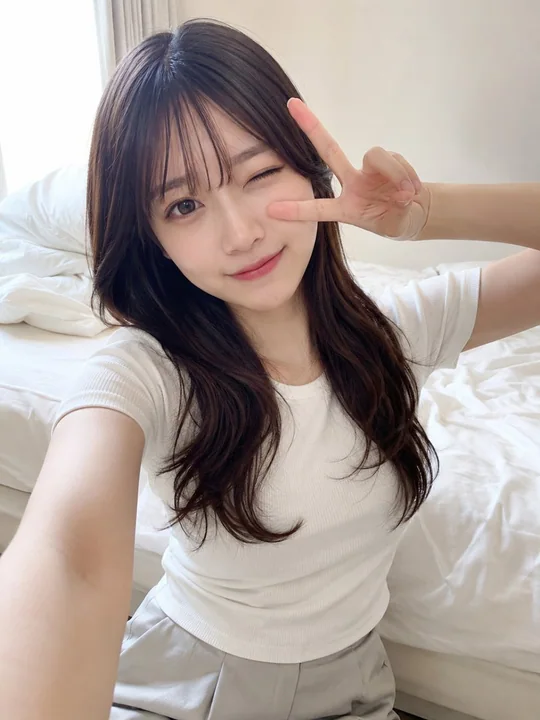 东亚女性卧室自拍人像提示词