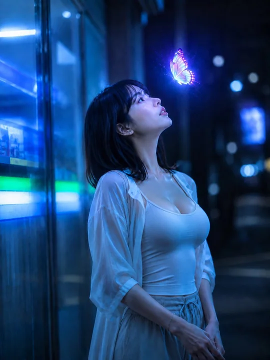 蓝夜中浮起的蝴蝶幻想肖像