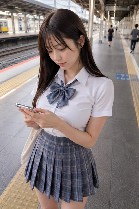 车站月台低头看手机的日本年轻女性胶片感写真