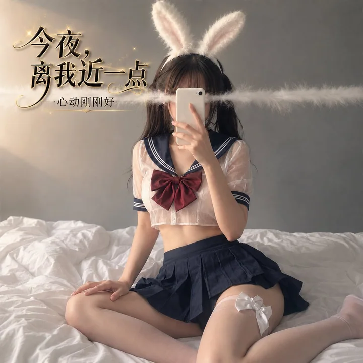 东亚女性水手服兔耳手机遮脸肖像