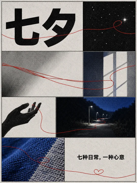 极简报刊风七夕朱红连线海报