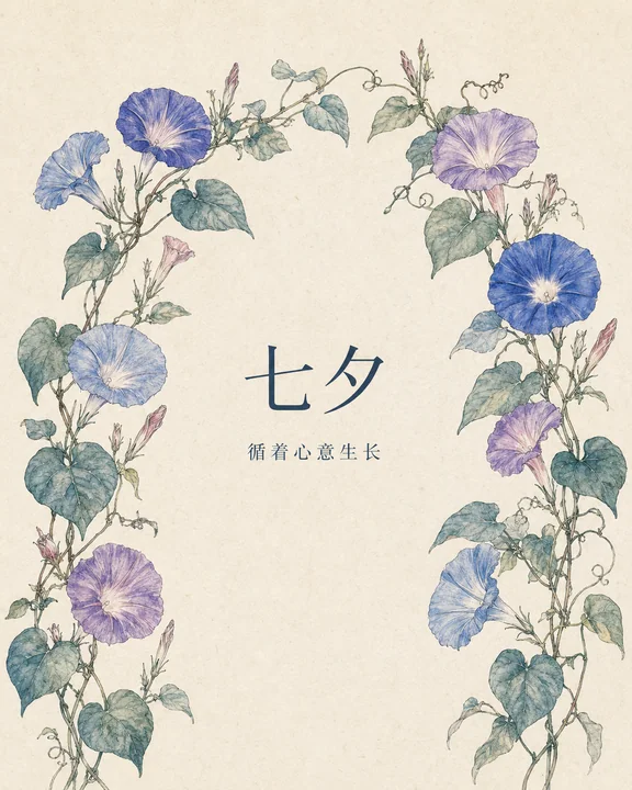 雅致七夕手绘牵牛花植物插画海报