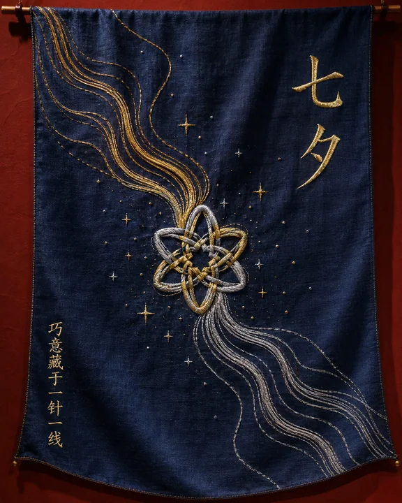 织梦乞巧:七夕深蓝刺绣艺术海报