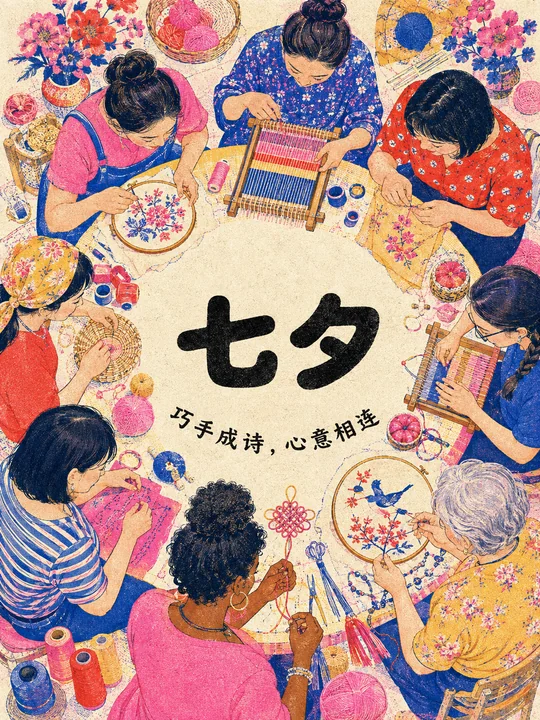 现代女性巧手传承七夕文化孔版海报