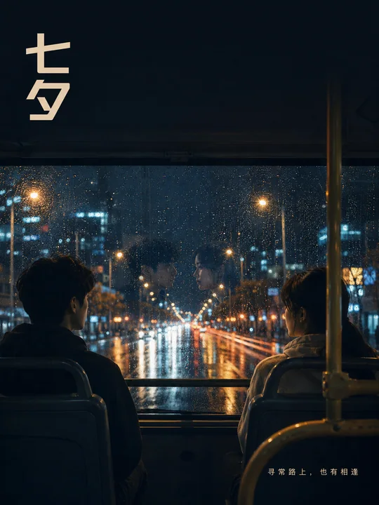雨后公交车窗外的都市七夕纪实海报