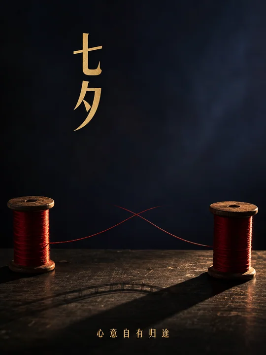 极简红丝线鹊桥投影七夕摄影海报