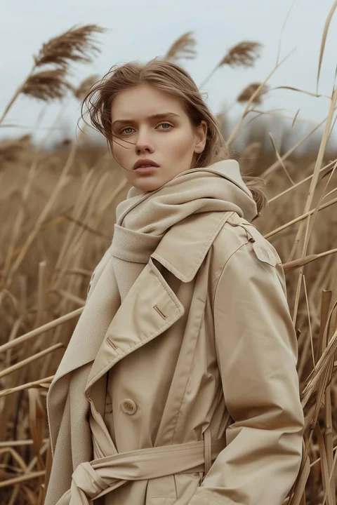 Manteau en roseaux, ambiance cinématographique, photo de mode