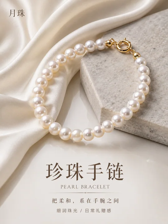 月珠珍珠手链:丝绸与石台上的柔美光泽