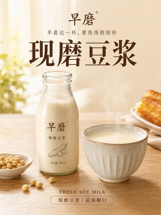 温暖晨光下的现磨豆浆高级写实广告