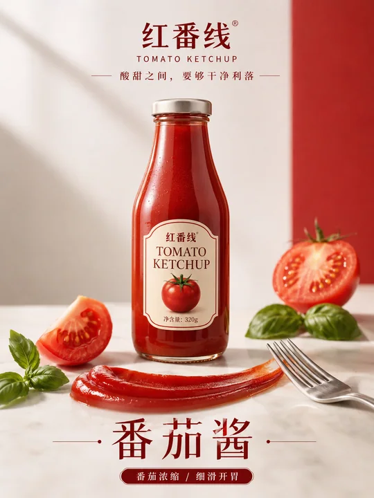 极简美学红番线高端番茄酱商业海报