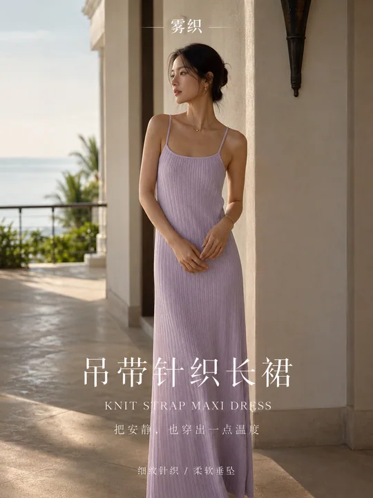 雾紫夏日:高端度假风吊带针织长裙时尚海报