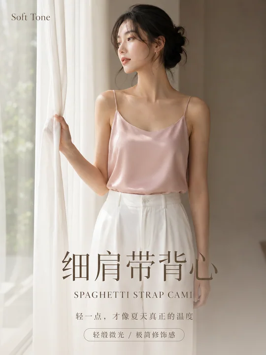 极简夏日雾粉缎面背心时尚海报